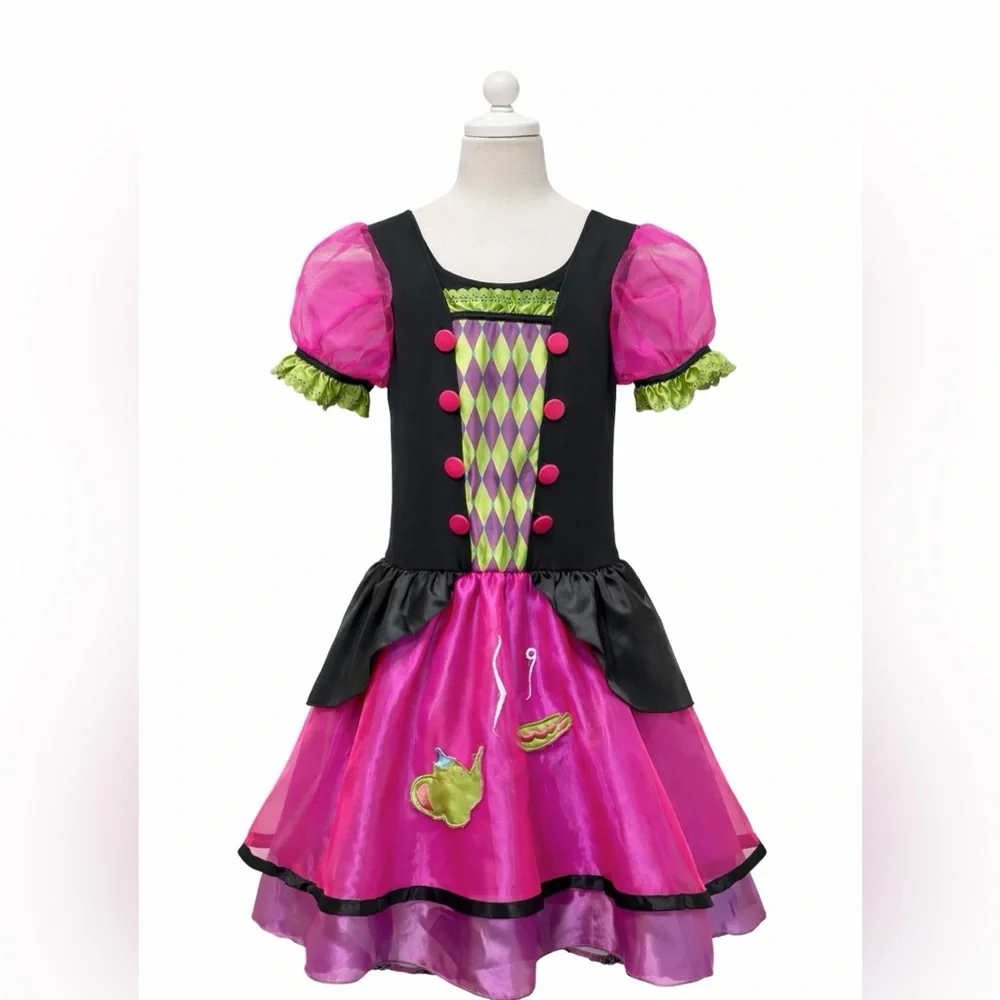 Disney Alice in Wonderland Mad Hatter Girls Costume Dress Pink‎ Green 8/10 Tulle